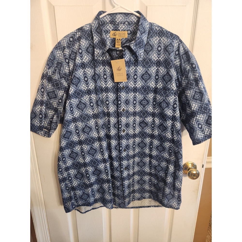 Lord & Taylor Casual Classics Short Sleeve Shirt Blue & White Size L 100% Cotton